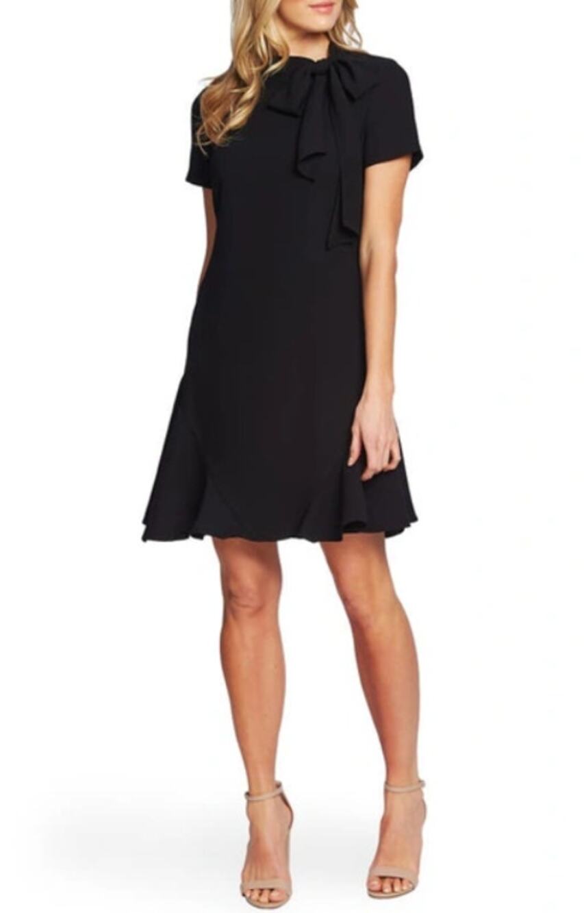 CECE Women's Ruffled Bow Neck Mini Dress Size 6 Rich Black Short Sleeve NWT
